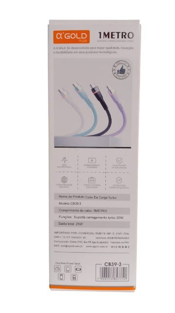 Cabo de Dados Turbo 25W USB para Tipo-C 1M com LED A'Gold CB39-3
