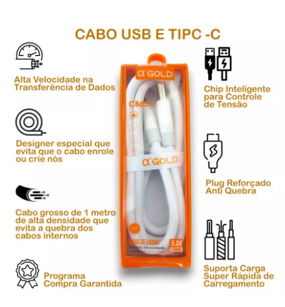 Cabo de Dados Turbo USB para iPhone 1 Metro 5A A'Gold CB95-2