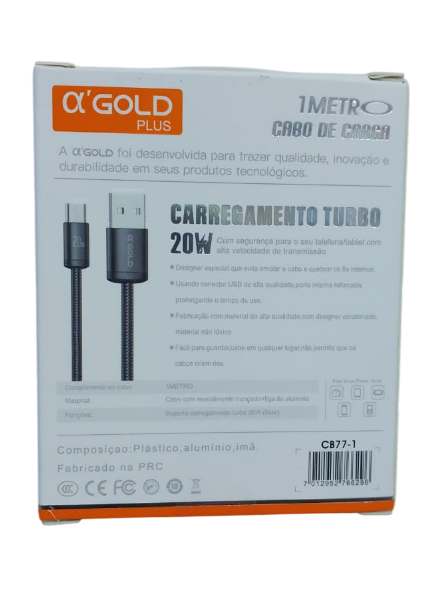 Cabo de Dados USB para V8 Micro USB 1 Metro 20W Carregamento Rápido A'Gold CB77-1