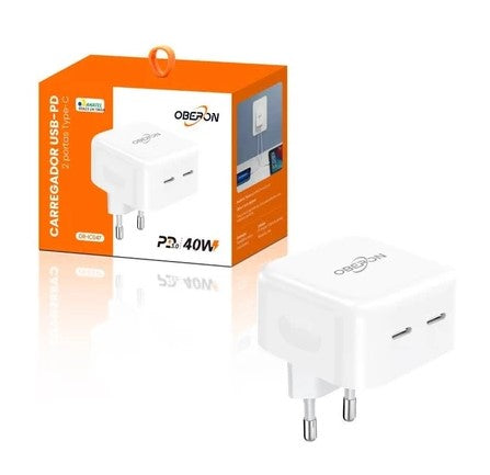 Carregador com 2 Portas Type-C 40W Carregamento Rápido Oberon OR-IC047