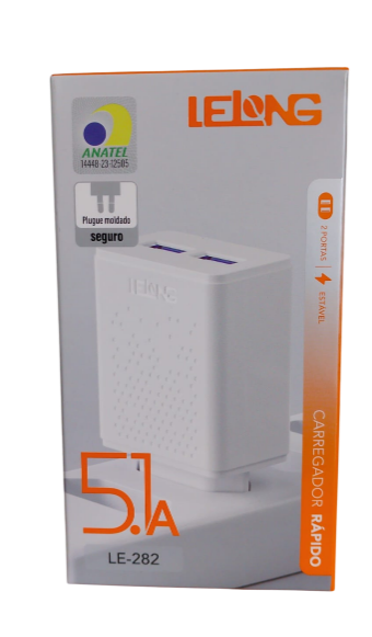 Carregador para Celular com 2 Portas USB 5V 5.1A 12.5W Lelong LE-282