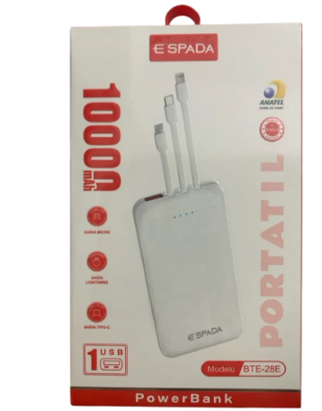 Carregador Portátil Power Bank 3 em 1 10000mAh com Cabos Micro USB, Type-C e Lightning E'Spada BTE-28E