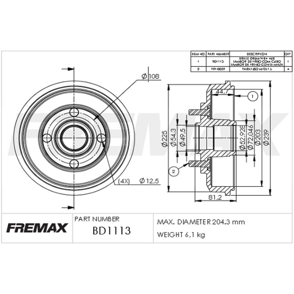 Tambor de Freio Traseiro Fremax BD1113 Ford Focus/Fiesta/Ecosport/Courier
