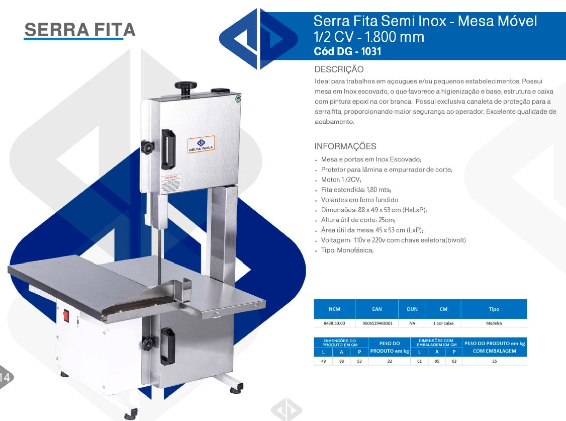 Serra Fita Semi Inox 1,80 m Mesa Móvel 1/2 CV Bivolt Delta Grill DG-1031