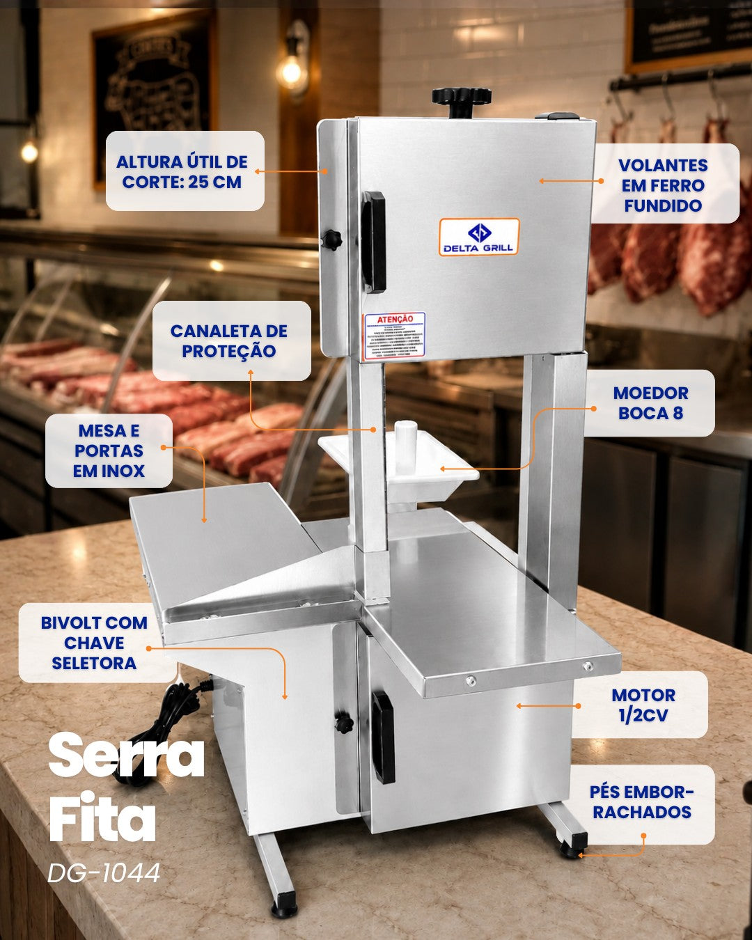 Serra Fita Semi Inox com Moedor Boca 8 1,80 m Mesa Móvel 1/2 CV Bivolt Delta Grill DG-1044