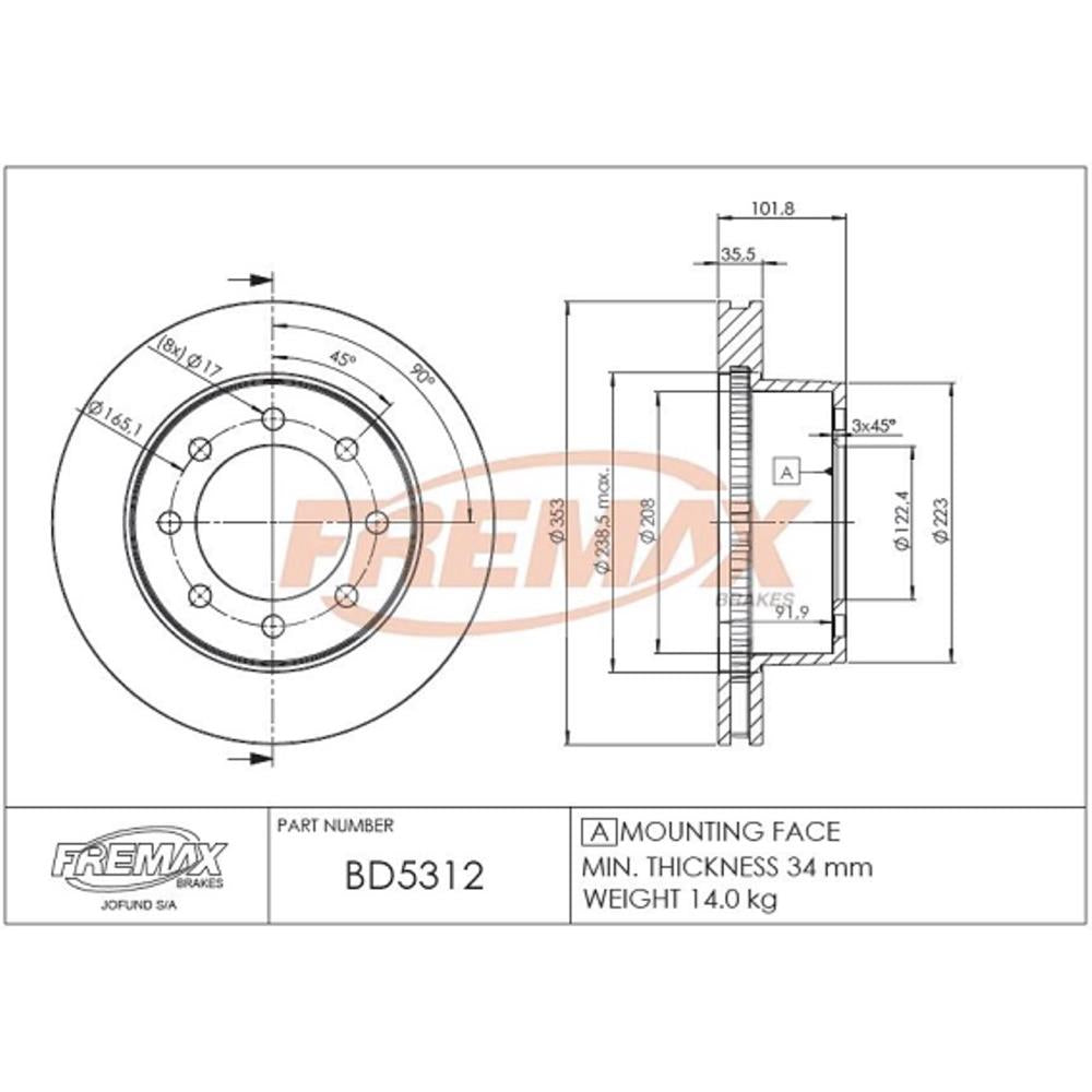 Disco de Freio Ventilado Dianteiro Fremax BD5312 Dodge Ram