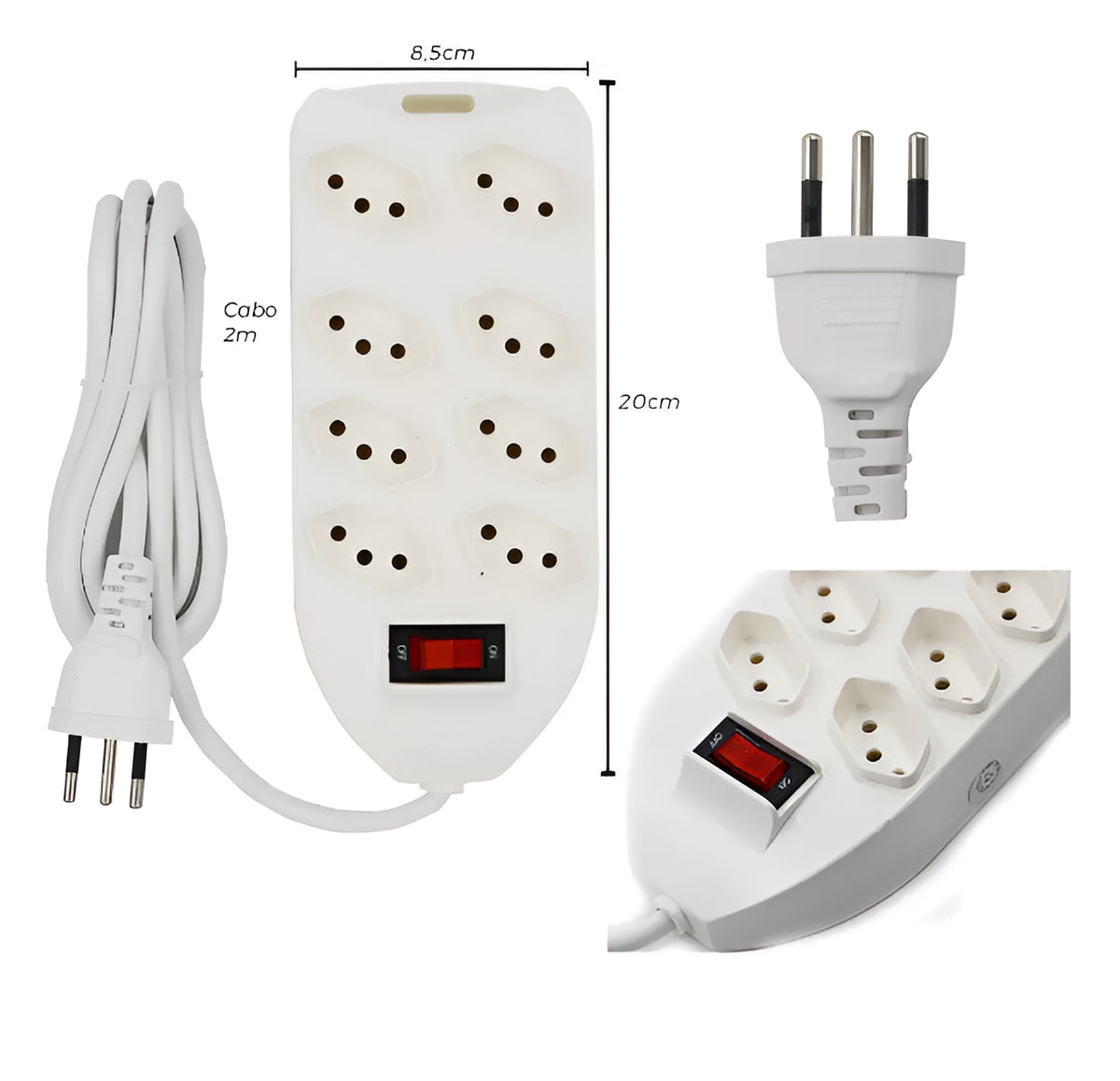 Extensão Elétrica 8 Tomadas Tripolar com Interruptor 1,5m 250V 10A Knup SL7508