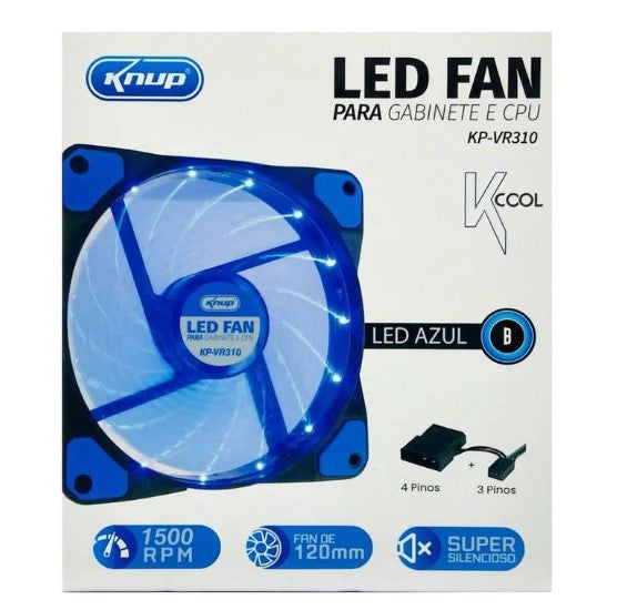 Fan para Gabinete e CPU 1500RPM com LED Azul Knup KP-VR310