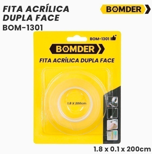 Fita Acrílica Dupla Face Transparente 18mm x 2 Metros Multiuso Bomder BOM-1301