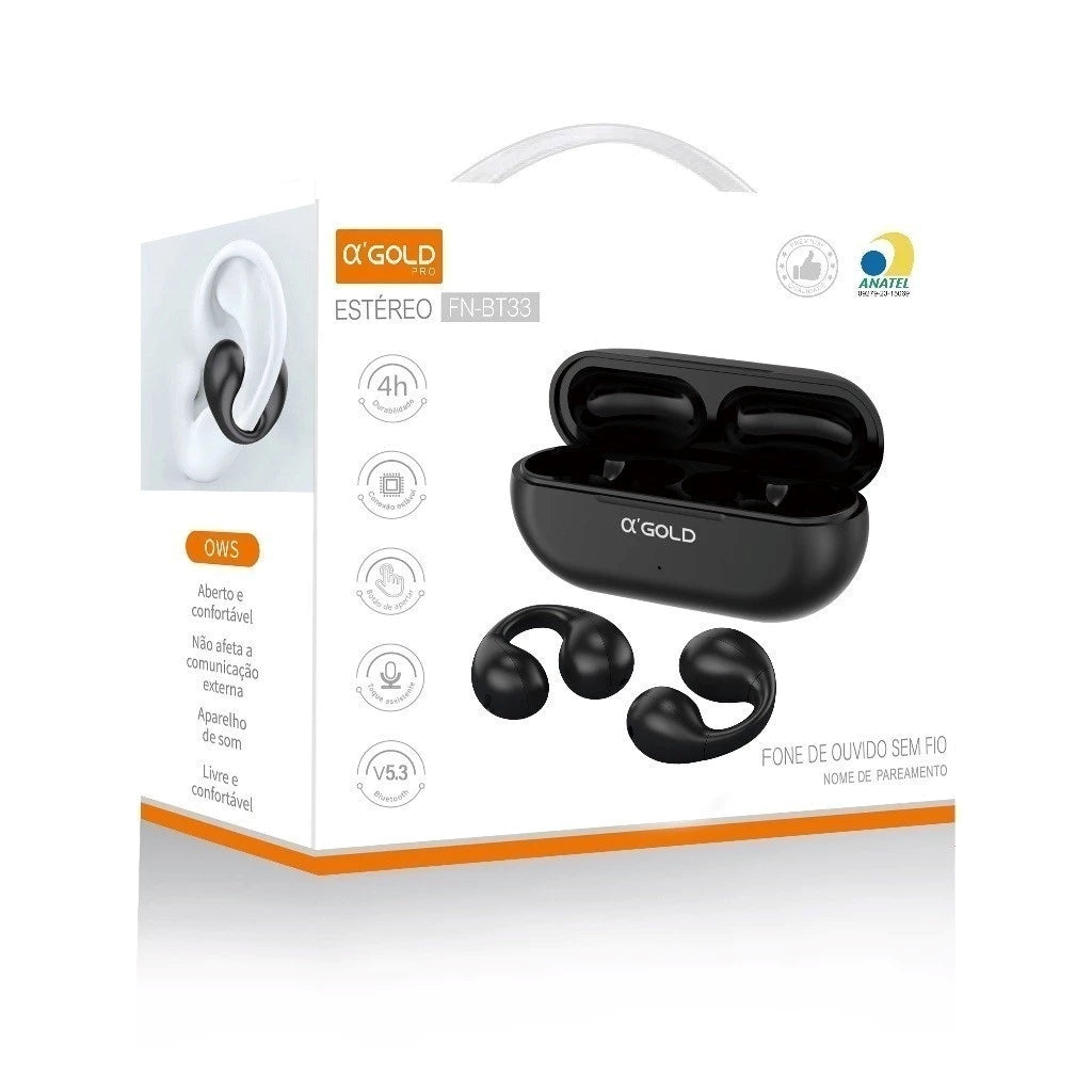 Fone de Ouvido Bluetooth 5.3 sem Fio com Estojo de Carregamento USB-C A'Gold FN-BT33