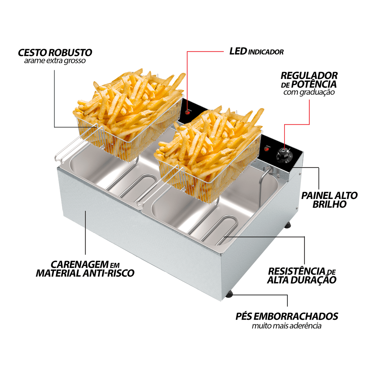 Fritadeira Elétrica Dupla Inox Saro FRD 2 Cubas de 5 Litros
