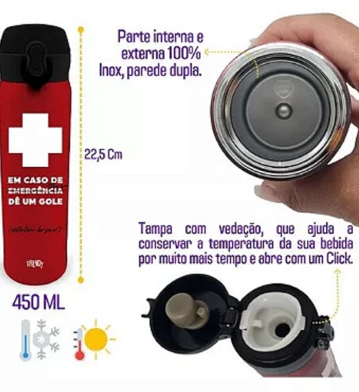 Garrafa Térmica de Aço Inox 450 ml com Trava e Botão de Abertura Trendy SB-139