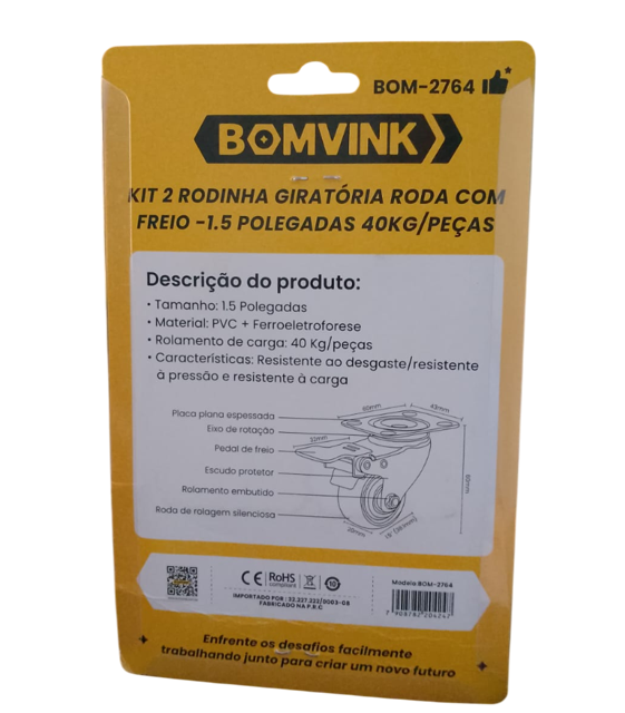Kit com 2 Rodízios Giratórios com Freio 1.5" Bomvink BOM-2764