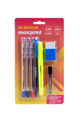 Kit Escolar com 3 Canetas, Lapiseira, Grafite, Borracha e Marca-Texto Max Print 70000146