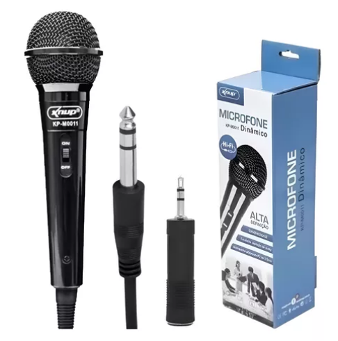 Microfone Dinâmico com Fio e Adaptador P2 Knup KP-M0011