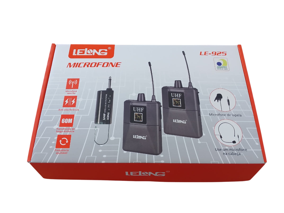 Microfone Dinâmico Sem Fio com 2 Lapelas, 2 Headsets e 2 Transmissores Lelong LE-925