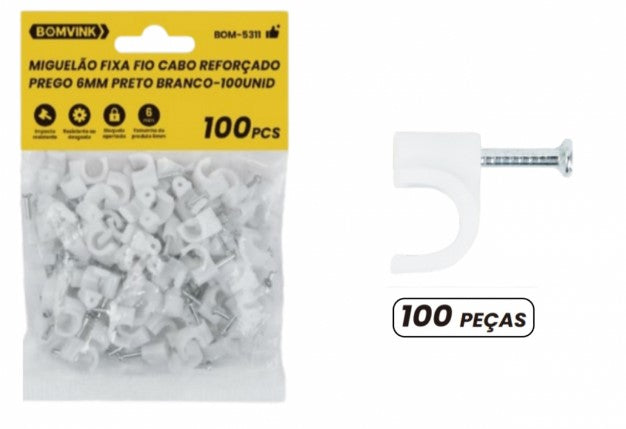 Miguelão Grampo para Fixar Cabos 6 mm com 100 Peças Bomvink BOM-5311