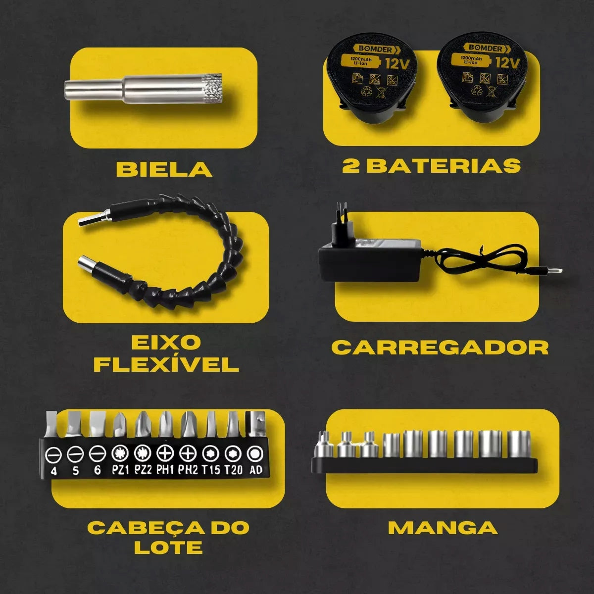 Parafusadeira a Bateria 12V com 2 Baterias, Carregador e Acessórios Bomvink BOM-9967