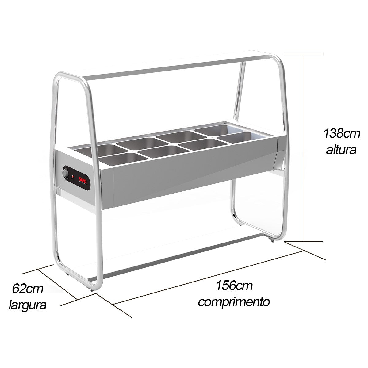 Buffet Térmico Aquecido Inox Saro BF8IX 8 Cubas GN com Tampa e Rodízios