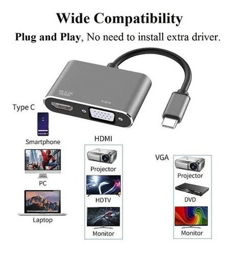 Adaptador 2 Em 1 Tipo C Para Hdmi Vga Mecabook Ou Celular