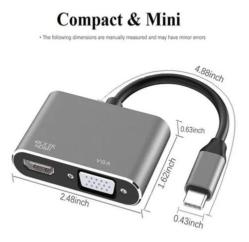 Adaptador 2 Em 1 Tipo C Para Hdmi Vga Mecabook Ou Celular