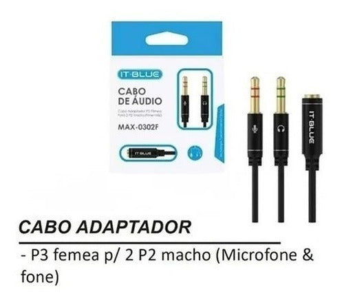 Cabo De Áudio P3 Fêmea Para 2 P2 Macho Max-0302f It Blue