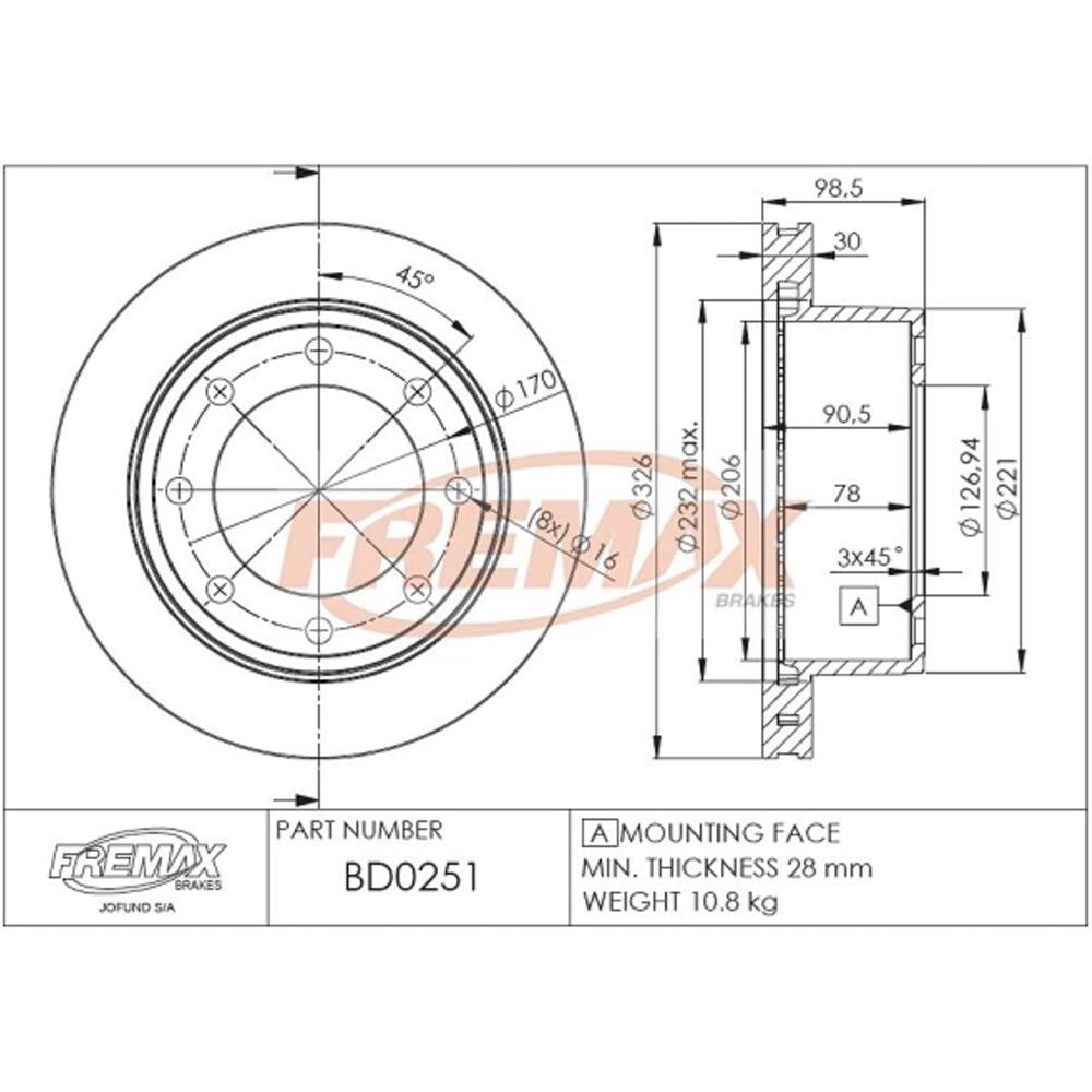 Disco de Freio Ventilado Traseiro Fremax BD0251 Ford F-250/F-350