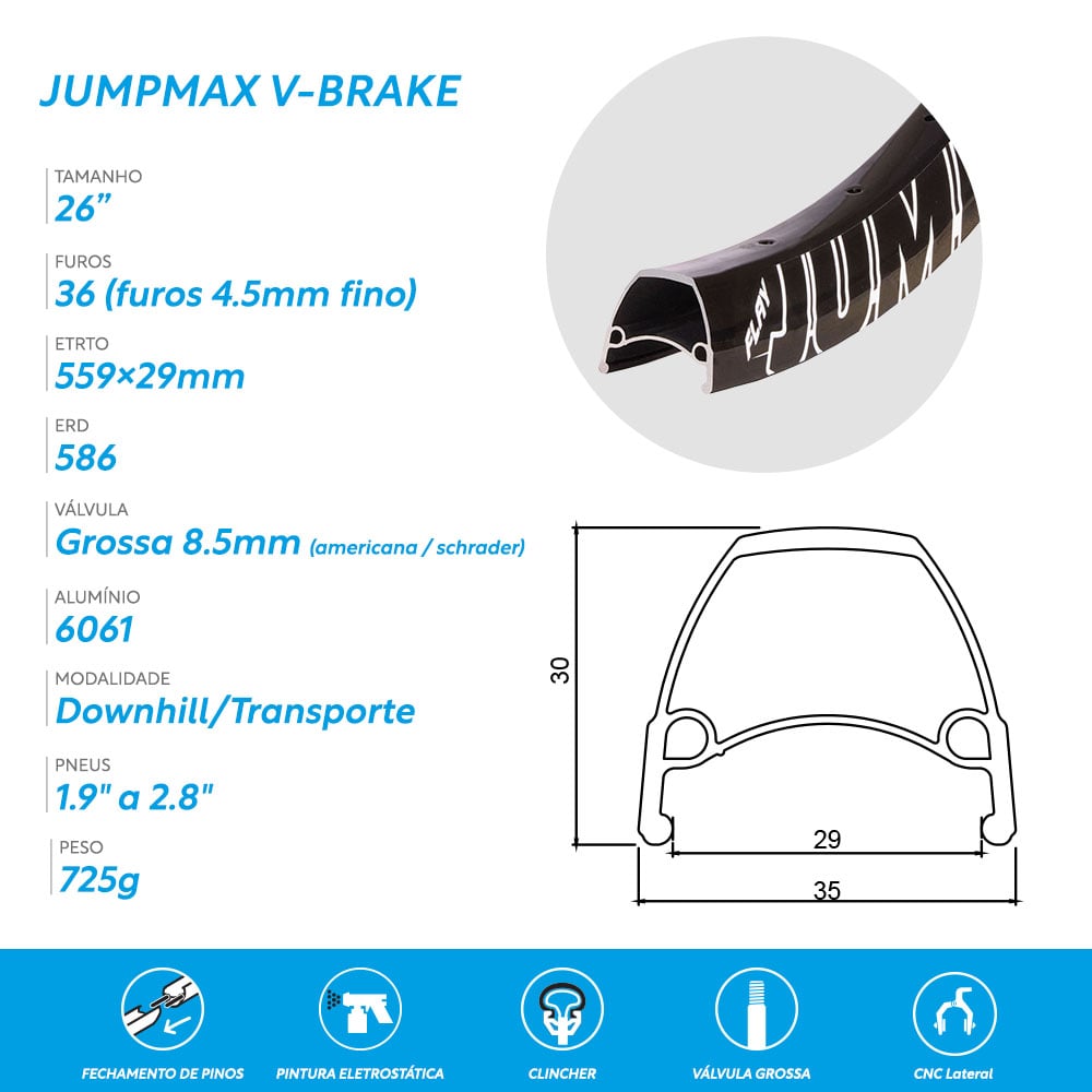Aro 26 jumpmax 36 furos preto com adesivo branco para freio vbrake – foto 3