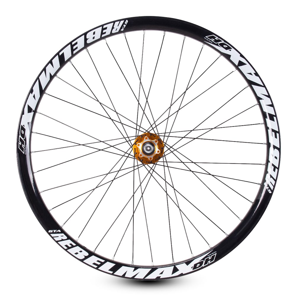 Roda montada (par) aro 26 gta rebelmax preto com cubo barulhento dourado freeride freio a disco – foto 2