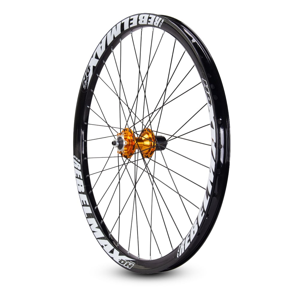 Roda montada (par) aro 26 gta rebelmax preto com cubo barulhento dourado freeride freio a disco – foto 3
