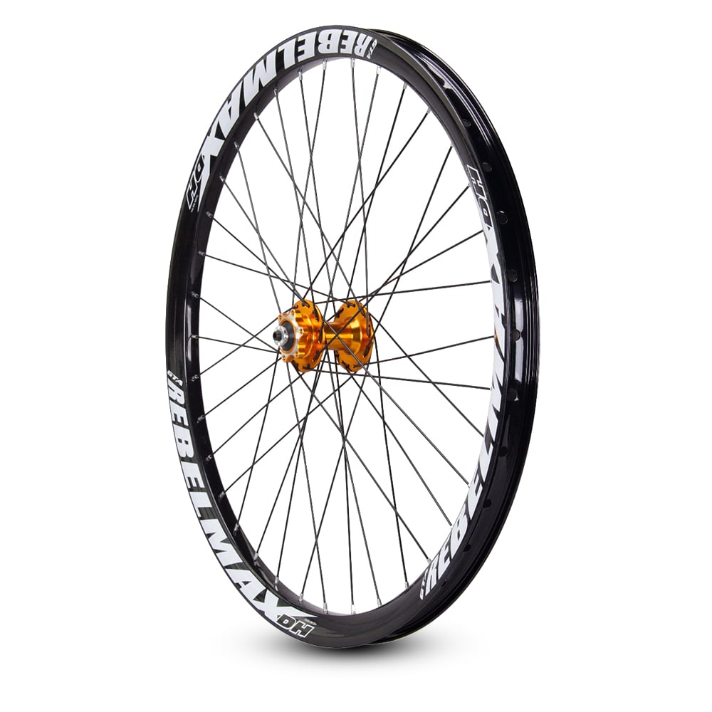 Roda montada (par) aro 26 gta rebelmax preto com cubo barulhento dourado freeride freio a disco – foto 4