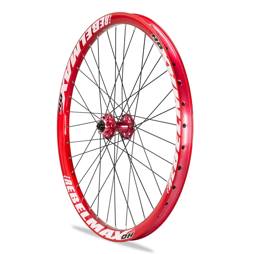 Roda montada (par) aro 26 gta rebelmax vermelho com cubo barulhento vermelho freeride freio a disco – foto 3