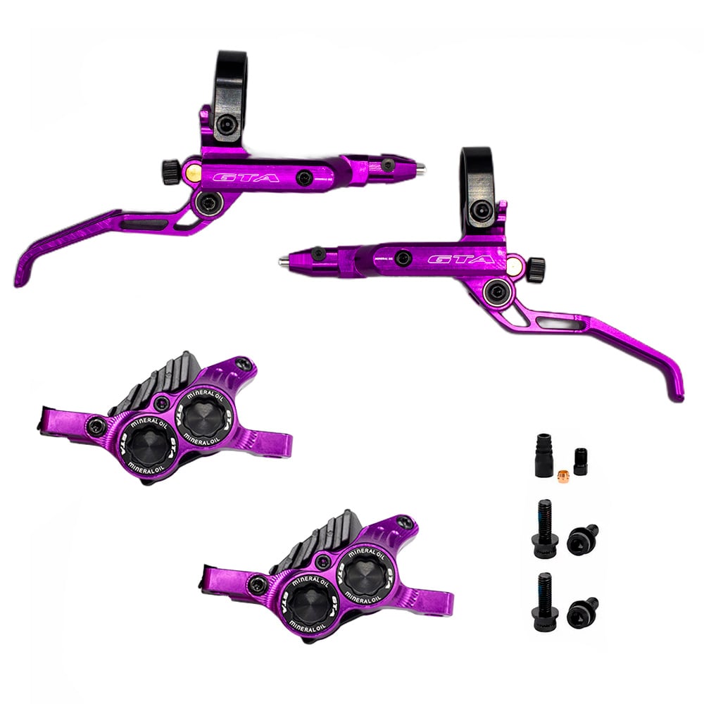 Freio disco hidráulico elite 4 pistões roxo em alumínio cnc dianteiro e traseiro sem disco
