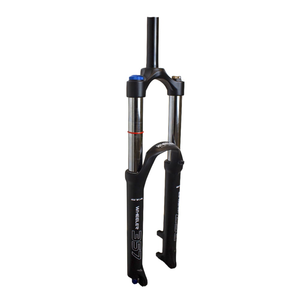 Suspensão 26 alumínio 150mm canela grossa 42mm aheadset 28.6mm com curso de 150mm com trava no ombro e ajuste de retorno modelo wheeler cor preto