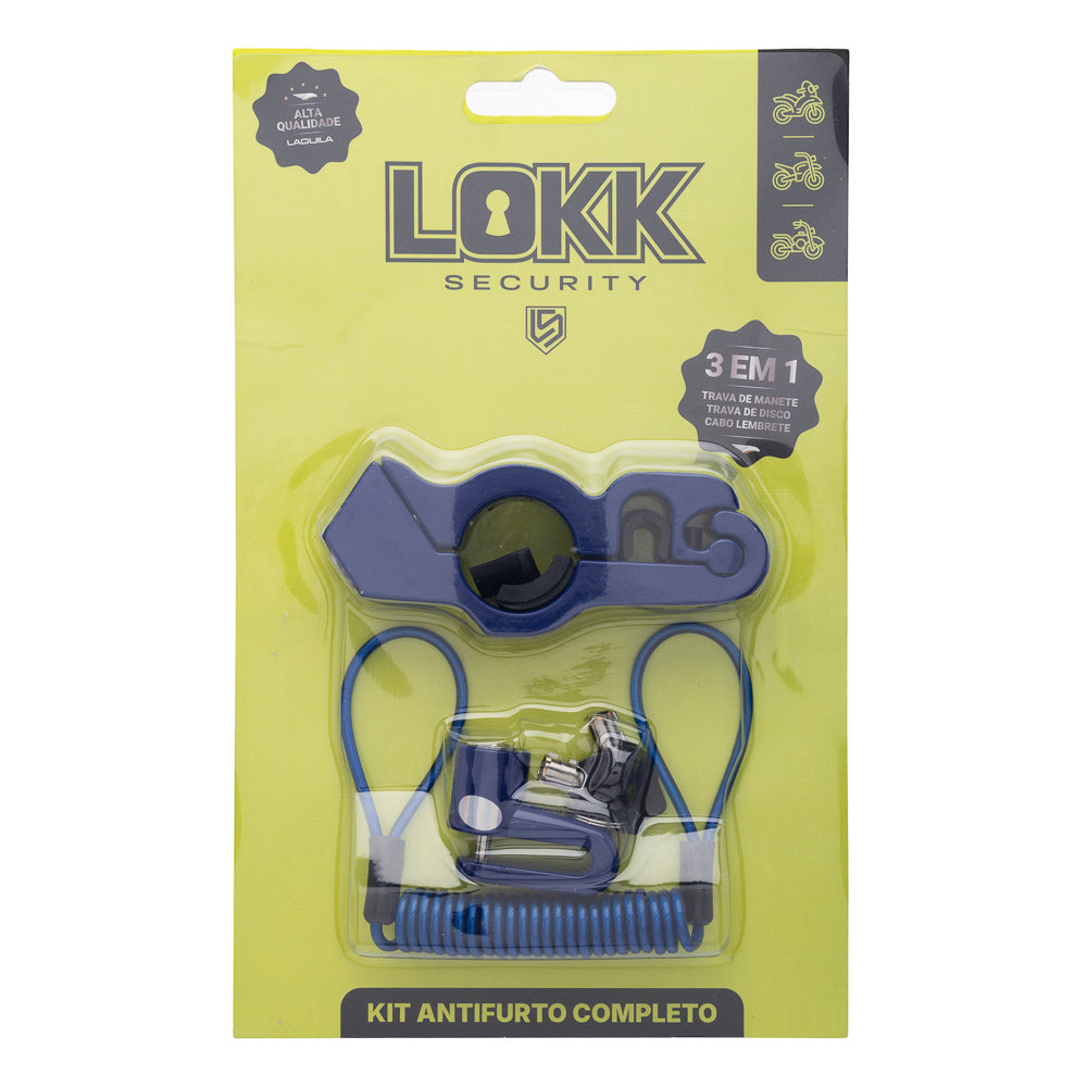 Trava (Kit com 3 Peças) Lokk Security Anti-Furto – Azul (Trava de Disco + Trava de Manete + Cabo Lembrete)