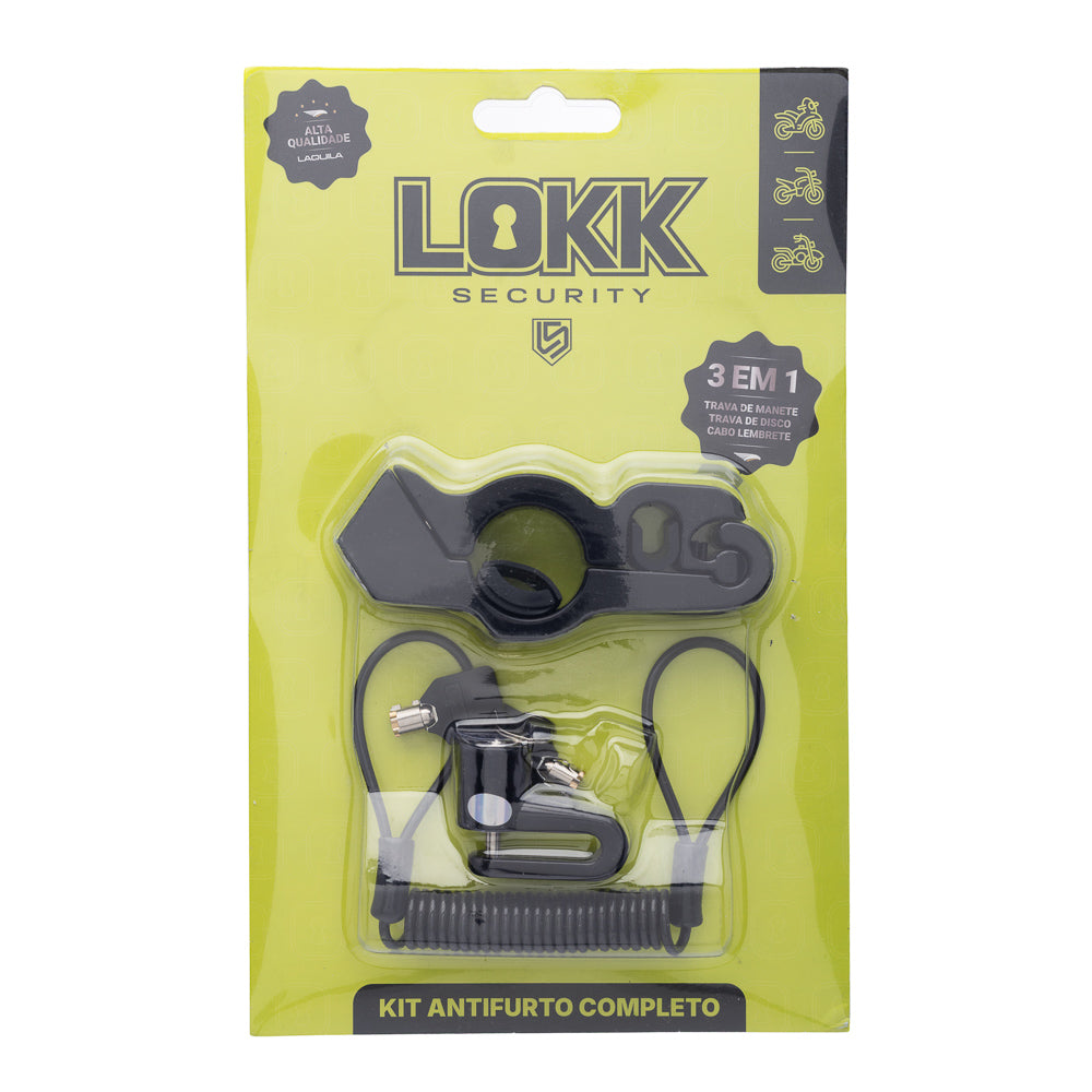 Trava (Kit com 3 Peças) Lokk Security Anti-Furto – Preto (Trava de Disco + Trava de Manete + Cabo Lembrete)