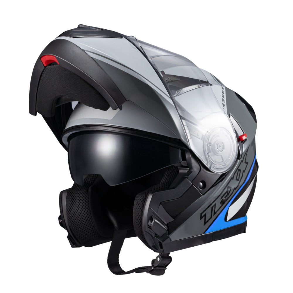 Capacete Texx Escamoteável Gladiator V3 Makan Cinza Azul Brilho – foto 9