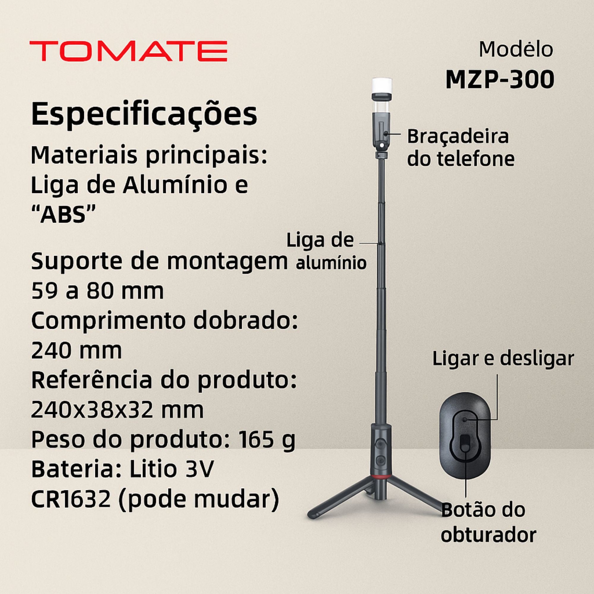Bastão de Selfie com Luz de Preenchimento MZP‑300