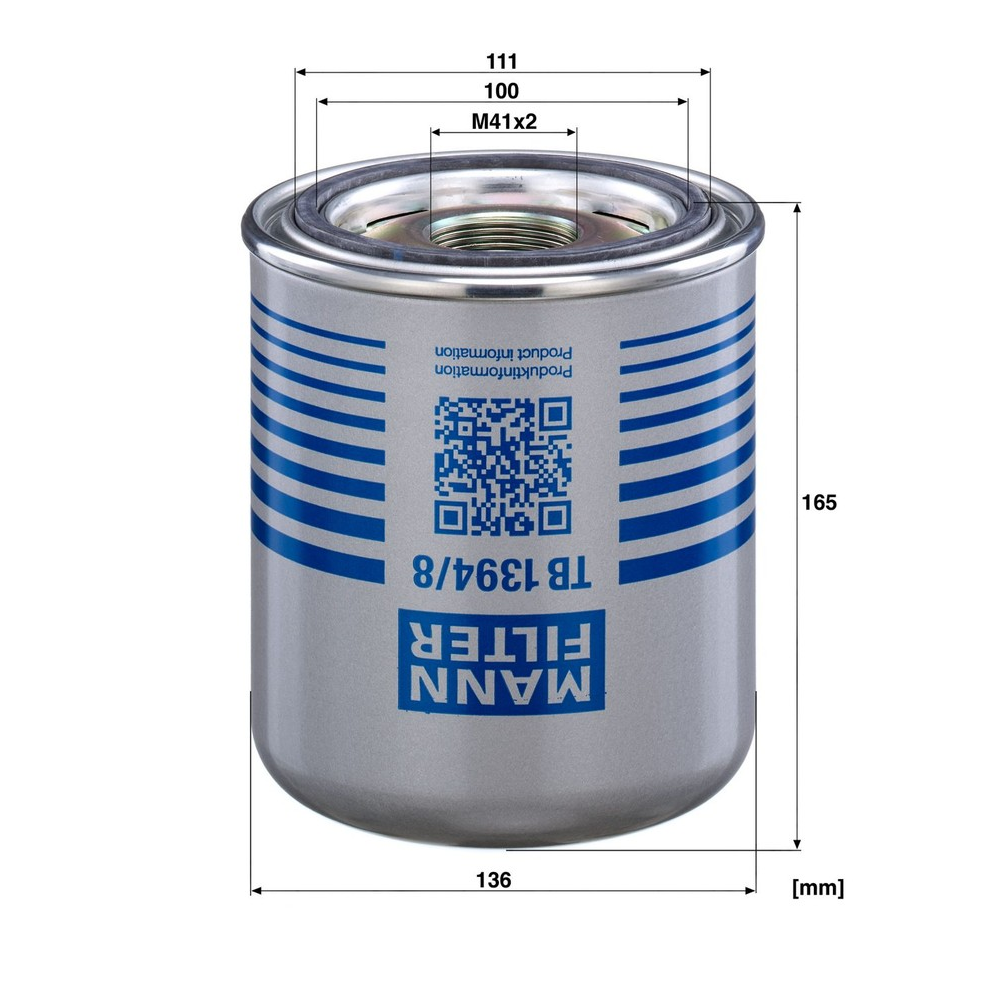 Filtro de Ar Comprimido Mann-filter TB1394/8X Mercedes Actros/Arocs/Sprinter Furgão, Porsche 911 Cabriolet, Lexus LS