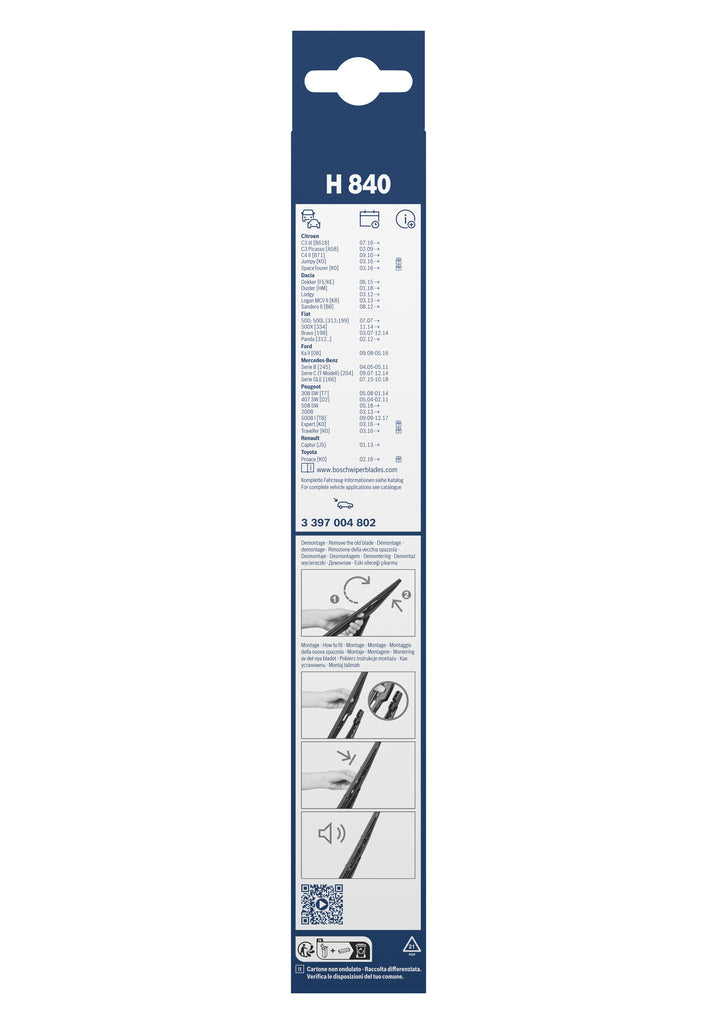 Palhetas Traseiras H840 Bosch 3397004802 Peugeot Expert/E-EXPERT/407, Hyundai HB20 X/HB20/HB20 S, Citroen E-JUMPY/Jumpy/C5/C2/DS3, Renault Zoe