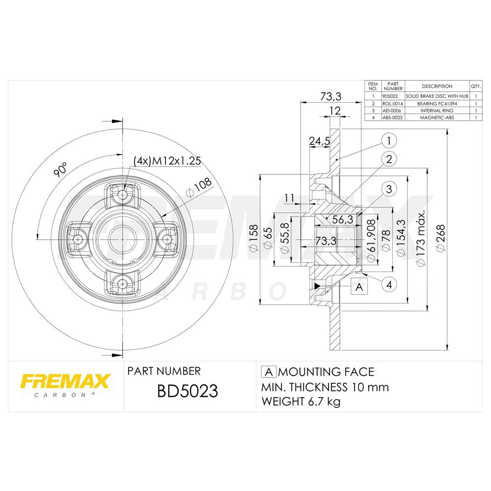 Kit Disco de Freio Sólido Traseiro Fremax BD5023-KT Peugeot 308/3008, Citroen DS4/DS5/C4 Picasso/DS3