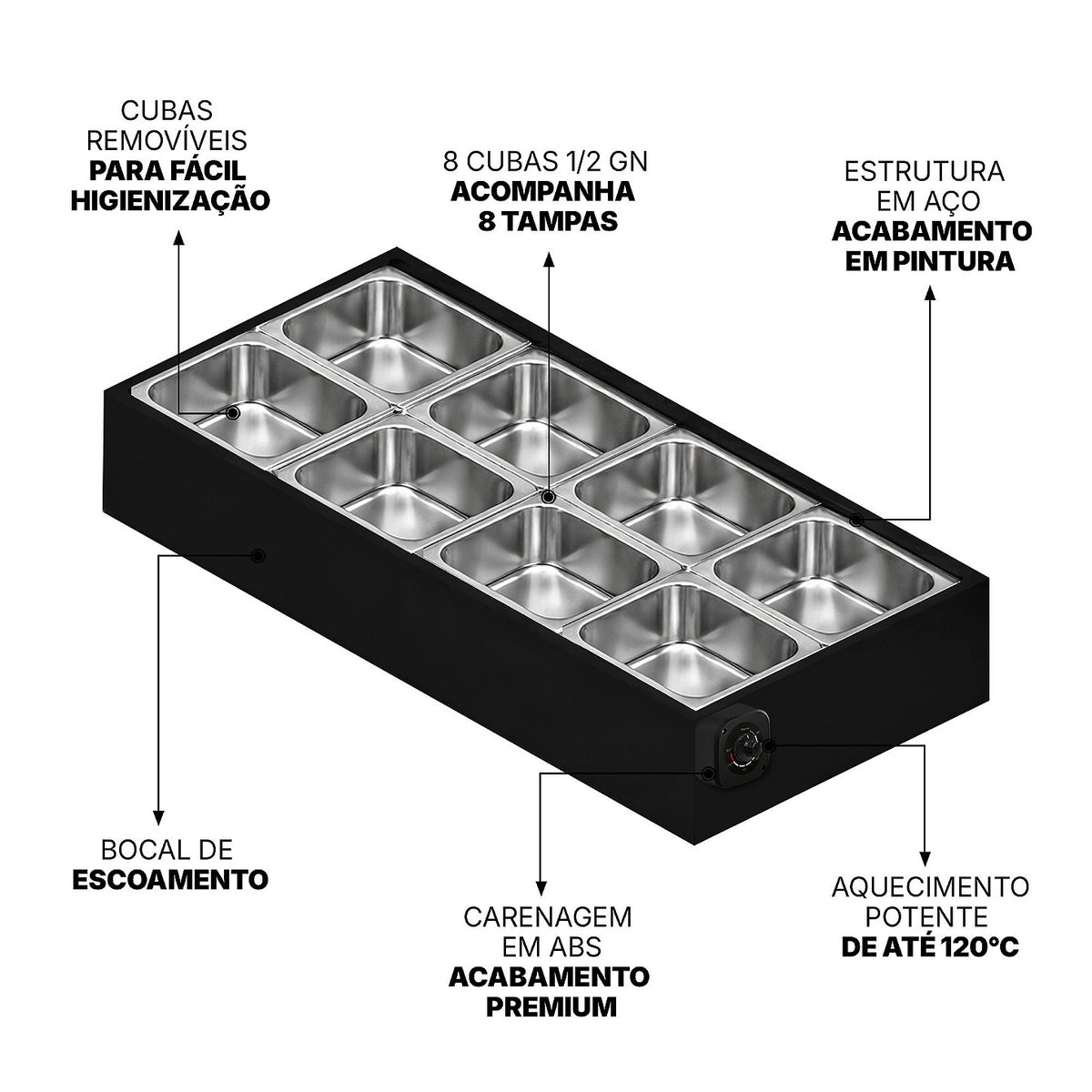 Buffet Térmico de Mesa Aquecido Saro BFM8 8 Cubas com Tampa