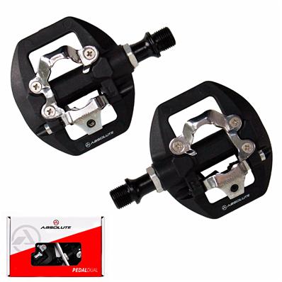 Pedal, Encaixe / plataforma, Mtb, Nylon / alumínio, Absolute Dual, Preto, Padrão Spd, Eixo 9/16 Cr-mo, Buchas Du + Rol, com Taquinhos, Preto – Par – foto 1