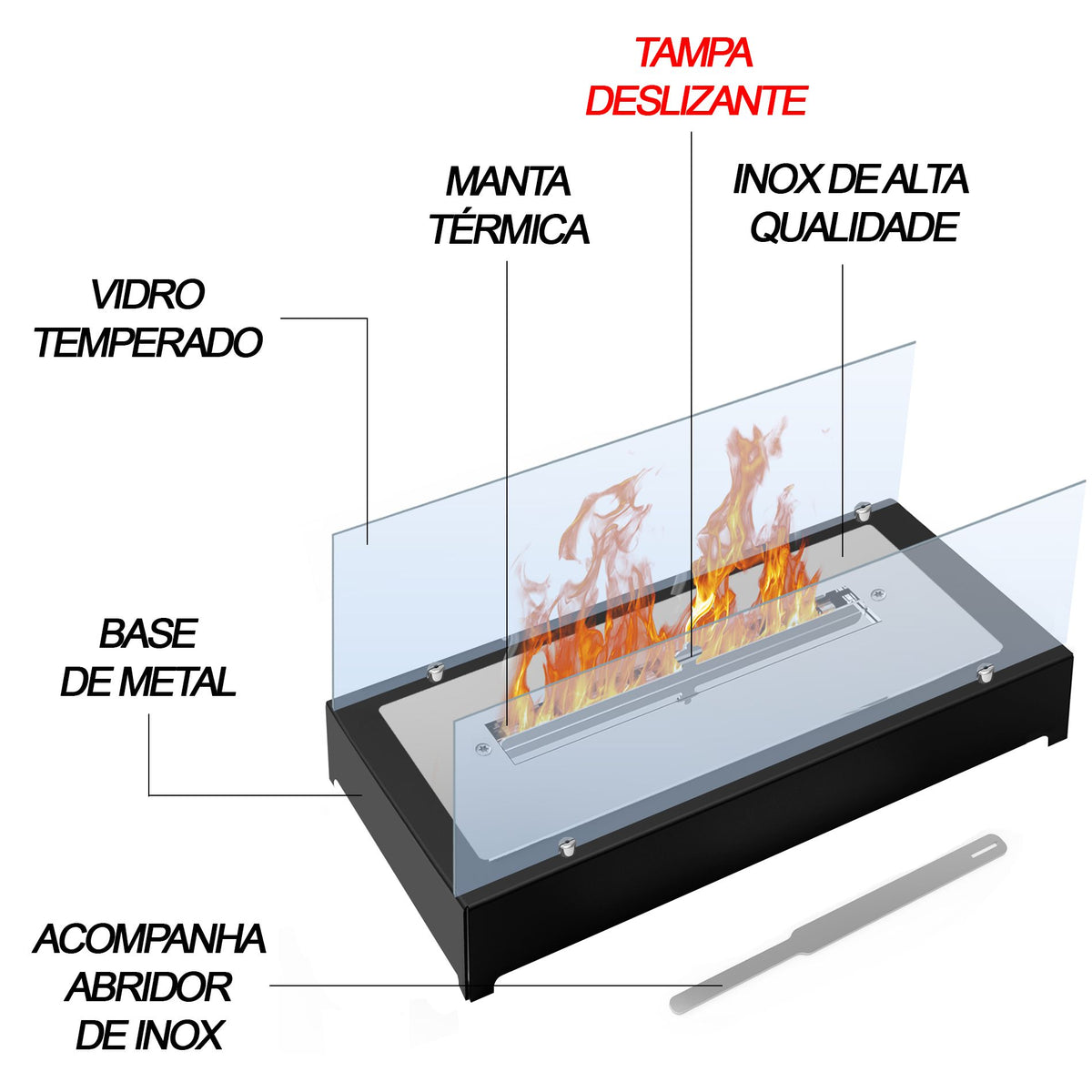 Lareira Ecológica a Etanol Saro L30 45 cm com Vidros e Base de Metal