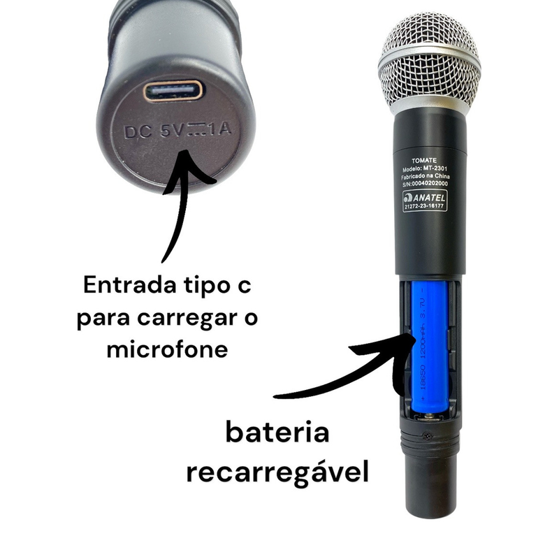 Microfone Duplo Sem Fio Com Transmissor Tomate