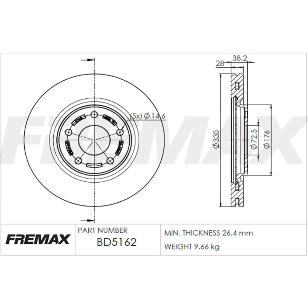 Disco de Freio Ventilado Dianteiro Fremax BD5162 Dodge Journey, Fiat Freemont, Chrysler Town & Country