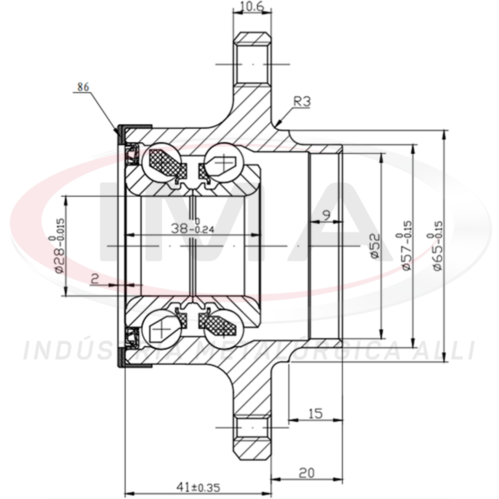 Cubo de Roda Traseiro com Rolamento Ima AL-974 VW Polo/Fox/Crossfox/Polo Sedan/Spacefox/Spacecross, Seat Cordoba/Ibiza