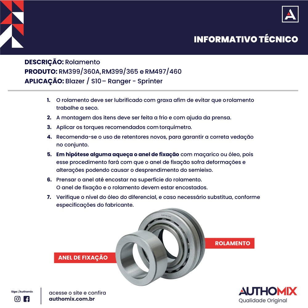 Rolamento de Roda Traseira Authomix RM399/365 Ford Explorer/F-1000/Ranger