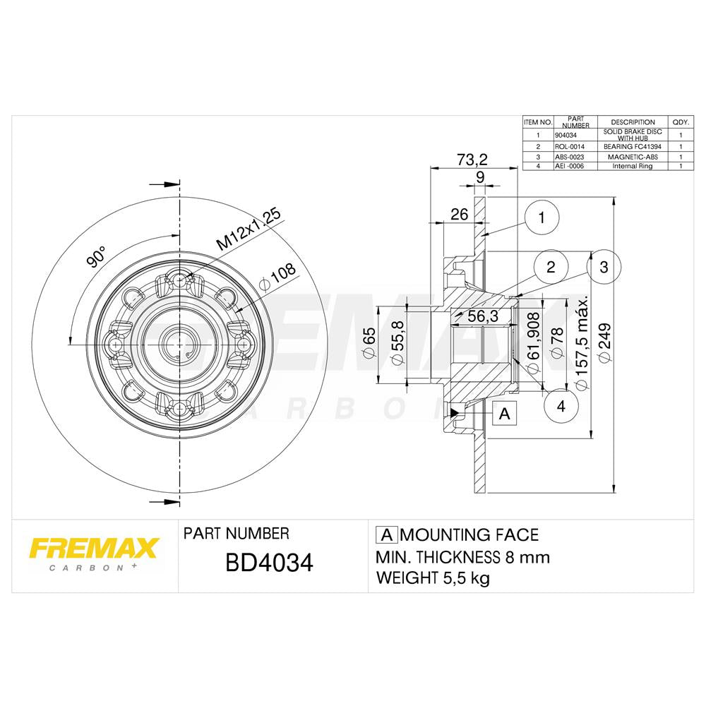 Kit Disco de Freio Sólido Traseiro Fremax BD4034-KT Citroen C4 Lounge/C4/DS4, Peugeot 408/308