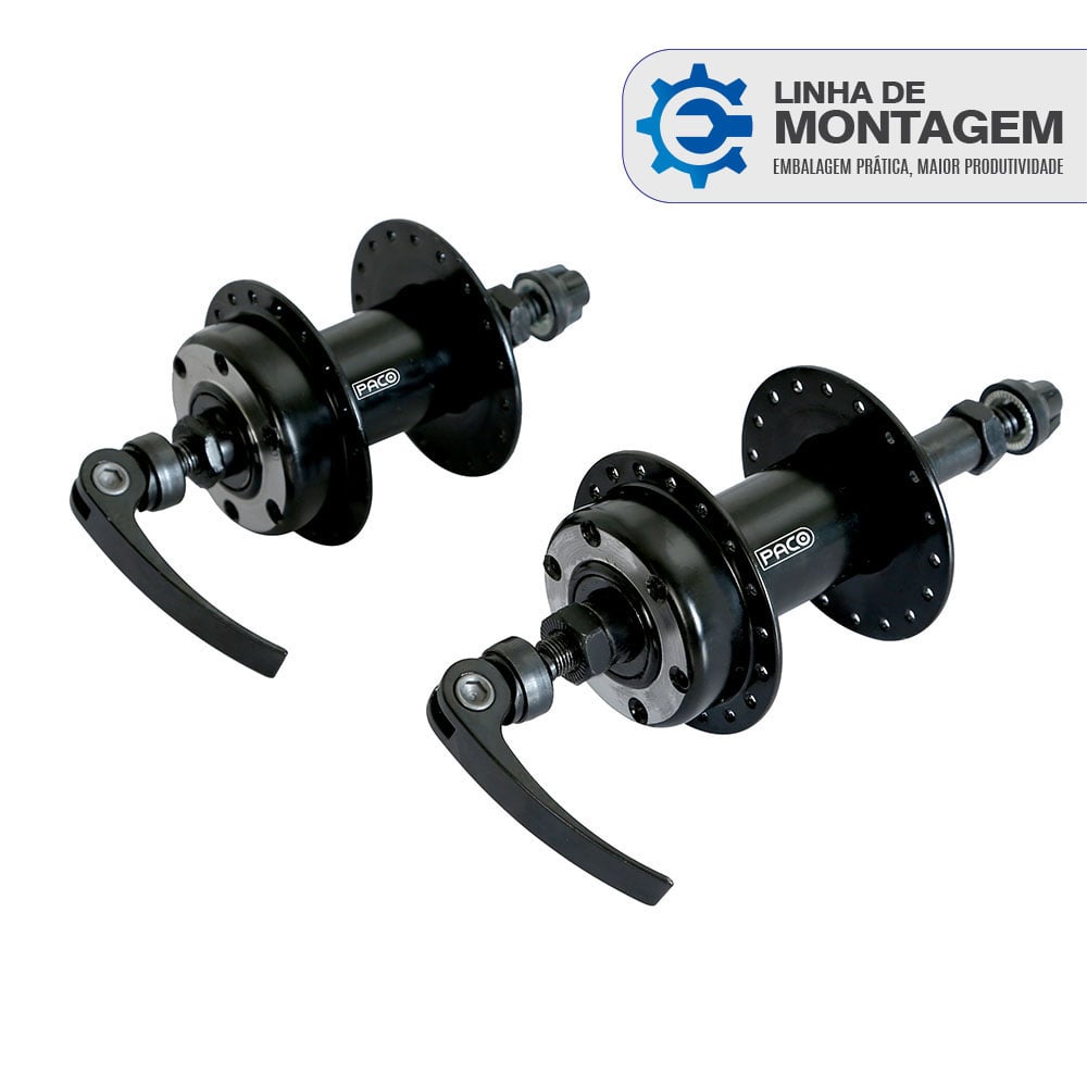 Cubo de aço par , na cor preto, eixo furado 3/8x180mm, com blocagem e espaçador p/ freio a disco 36 furos - Embalagem Linha de Montagem